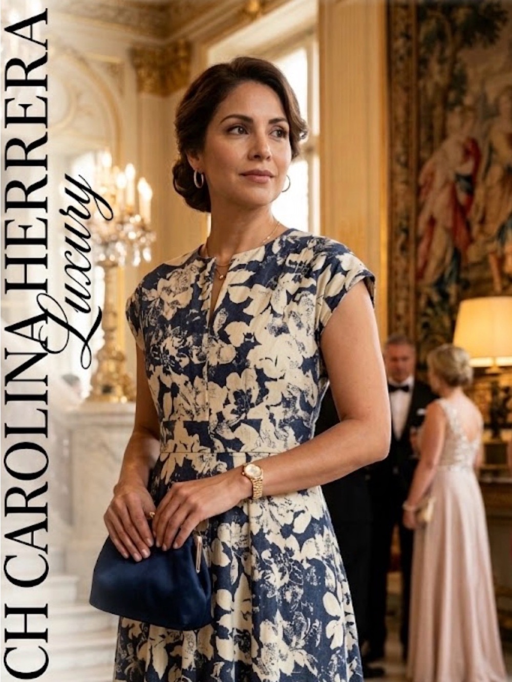CH Carolina Herrera Navy & Cream Floral Jacquard Belted Midi Dress Size 8